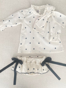 "Florence" Ivory polkadot blouse + velvet bow bloomer set