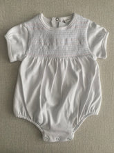 Load image into Gallery viewer, &quot;Belle&quot; white + pink stitched romper
