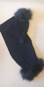 Navy faux pom hat + scarf set